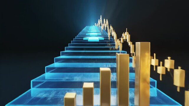 Stairway chart ascent with bar graph financial growth and candlestick chart data analysis investment success concept