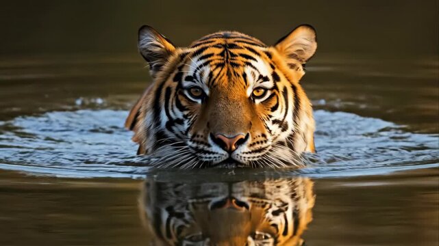 Tracking shot of tiger swimming toward camera through river water with reflected gaze during golden hour dusk
