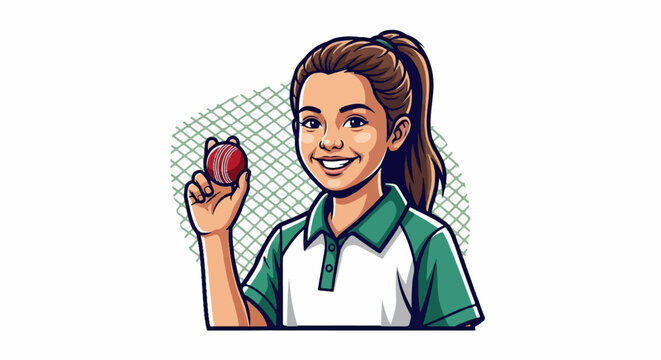 Young girl holding a cricket ball, smiling in front of a net