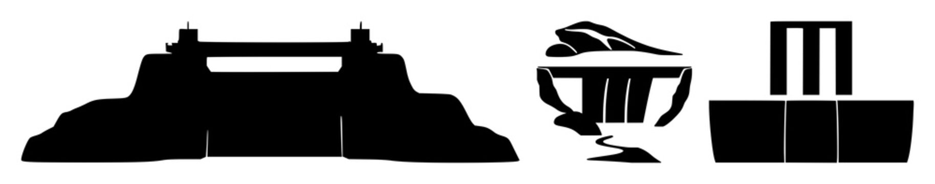 Hydroelectric dam set with solid black icon on white background featuring water power, energy infrastructure with dams and turbines