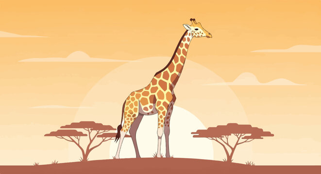 A lone giraffe stands tall on the savanna at sunset with acacia trees