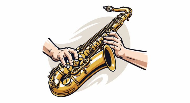 Animated hands playing a golden saxophone with abstract background elements
