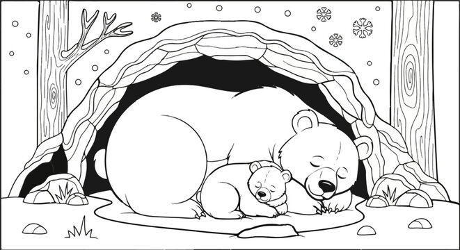 A mother and baby bear sleep warmly inside their den