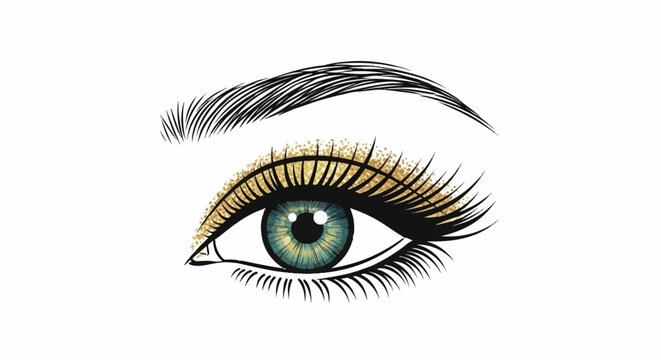 Close-up illustration of a blue-green eye with dramatic black lashes and sparkling gold eyeshadow