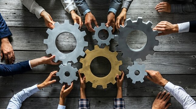 Hands holding gears symbolize teamwork and collaboration on a wooden background.