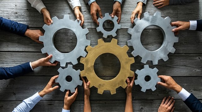 Hands of diverse individuals holding large metal gears, symbolizing teamwork.