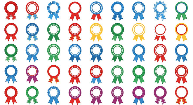 Collection of colorful rosette ribbons arranged in a grid pattern on a white background.