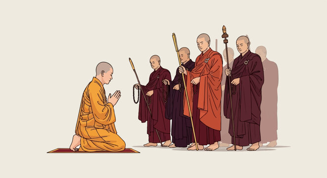 Monks in traditional robes gather, one kneeling in prayerful greeting