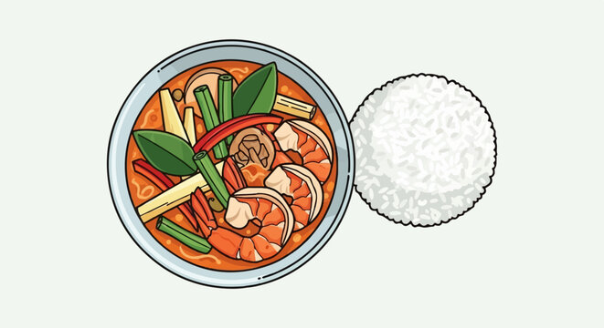 Flavorful shrimp soup with vibrant vegetables beside a mound of rice