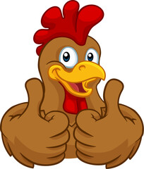 A chicken cartoon rooster cockerel character mascot giving a thumbs up. © Christos Georghiou