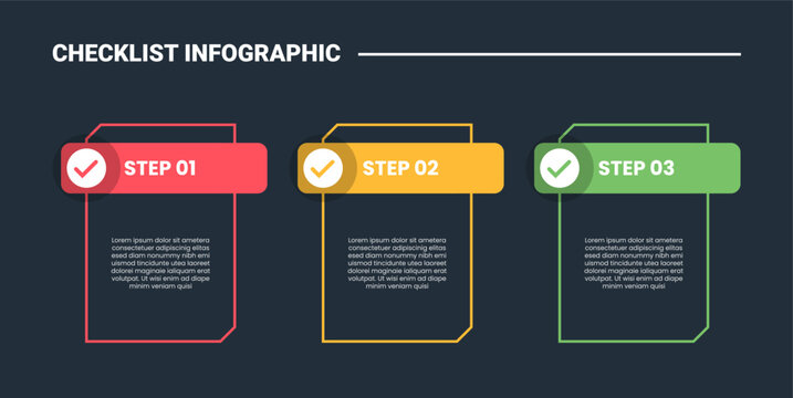 Checklist infographic process diagram with simple box table with header badge on top with folder outline shape with dark background bright outline style 3 points