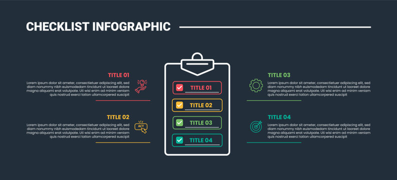 Checklist infographic process diagram with clipboard on center with rectangle box list and quadrant structure information with dark background bright outline style 4 points
