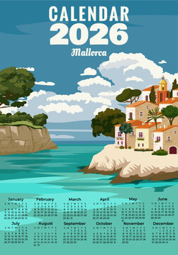 Monthly 2026 Calendar Vintage travel poster Mallorca Spain, tropical resort