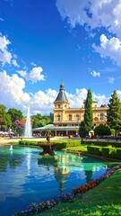 Fototapeta premium A large yellow building with a gray roof beside a pond and fountain
