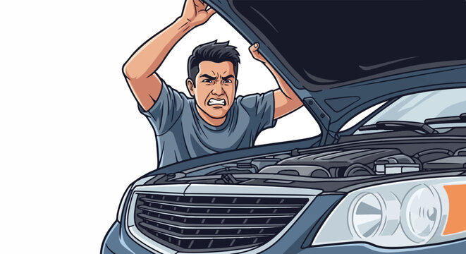 Frustrated man stares at car engine under open hood, arms raised