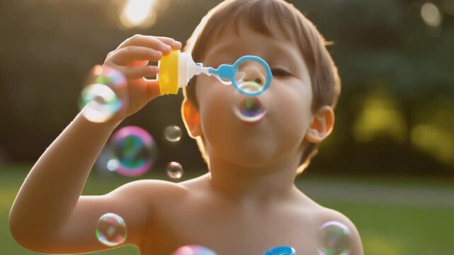 A happy young boy, engrossed in the simple magic of play, joyfully blows a stream of glistening bubbles into the warm, golden light of a summer afternoon, embodying carefree childhood