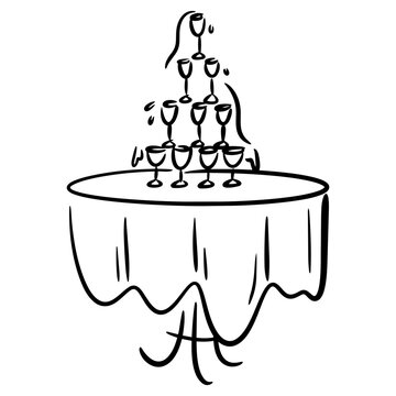 Hand-Drawn Wedding Reception Table Doodle, Cute Banquet Table Outline with Wine Glasses for Marriage and Event Design.