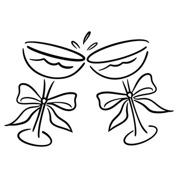 Hand-Drawn Wedding Toasting Wine Glasses Doodle, Cute Cheers Champagne Coupes with Ribbon Bows for Marriage Celebration.