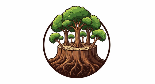 Stylized illustration of a tree stump with multiple new trees growing from its top