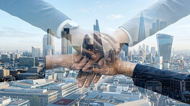 Multiple hands joined together against a city backdrop, symbolizing collaboration and business unity.