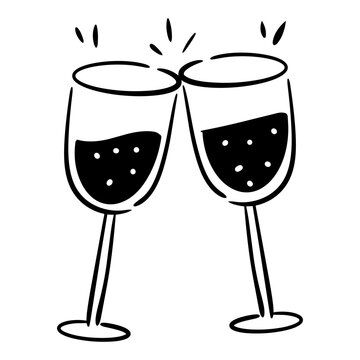 Hand-Drawn Wedding Toasting Wine Glasses Doodle, Cute Cheers Champagne Coupes with Ribbon Bows for Marriage Celebration.