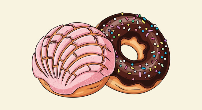 Two sweet pastries, a pink concha and a chocolate donut with sprinkles