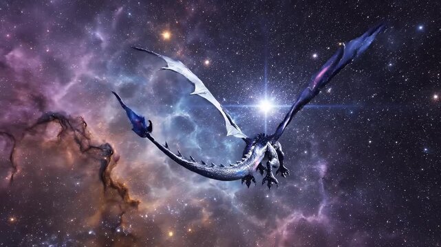 Celestial Dragon in Nebula - A fantastical dragon flies through a vibrant nebula, its wings and body adorned with celestial patterns.