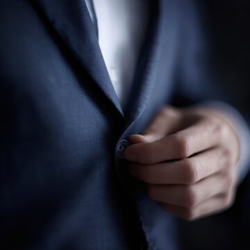 Hand adjusting a suit jacket button, close-up, sharp tailoring, business success concept