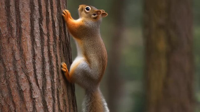 A vibrant red squirrel agilely scales a textured tree trunk within its lush natural woodland habitat, showcasing its nimble movement