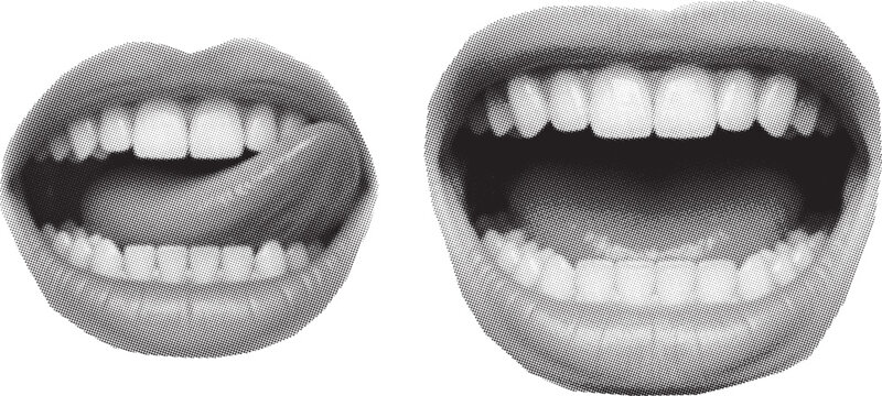 Human Mouths Halftone Collage Element &ndash; Smiling, Talking and Screaming Lips in Dotted Retro Pop Art Urban Magazine Style Sticker Clip Art Vector Illustration