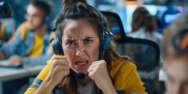 Stressed call center operator showing anger and frustration at work