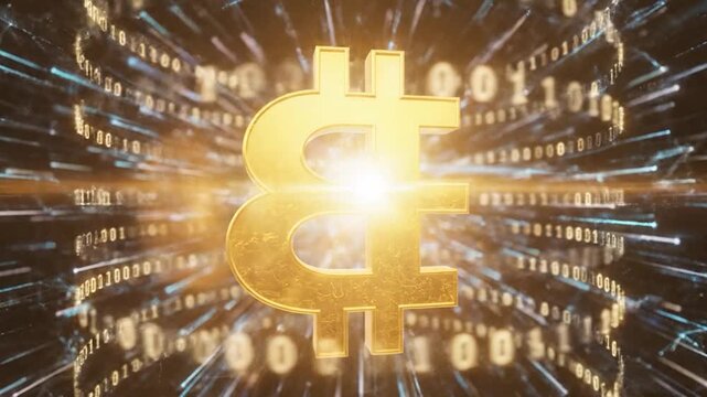 Golden digital currency symbol glows amidst a futuristic network of binary code and light streaks