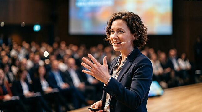 A professional speaker delivers an engaging talk to a large conference audience.