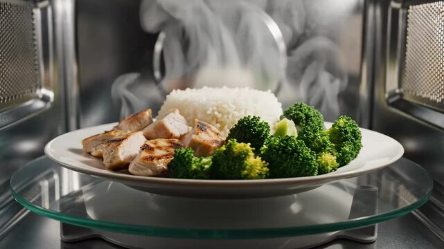 Steaming Rice Broccoli Chicken On Plate Inside Microwave, Hot Vapor Rising From Ceramic Dish On Glass Turntable, Convenient Reheating Shot Showcasing Portioned Meal, Nutritionfocused Ready Meal Appeal