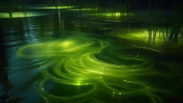 Bioluminescent Algae Bloom Illuminates Water Surface with Ethereal Green Glow