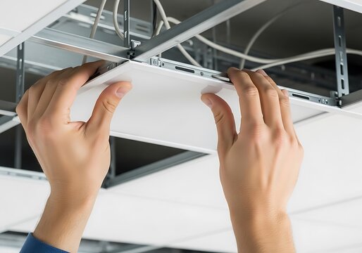 Professional installing suspended ceiling tiles in commercial building