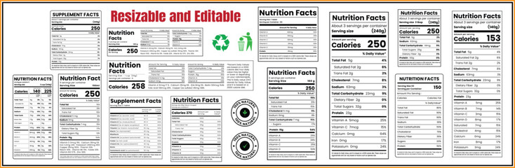 Nutrition Facts,nutrition facts label template – food information panel,supplement facts,vitamin facts, detailed nutrition facts with calories and ingredients.