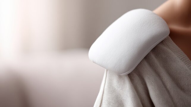 Electric heating pad on a shoulder, cozy home setting, comfort and recovery