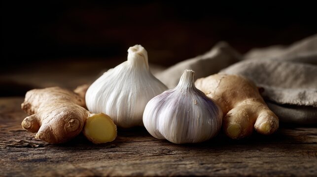 Fresh garlic bulbs and ginger root, immunity-boosting ingredients, rustic style