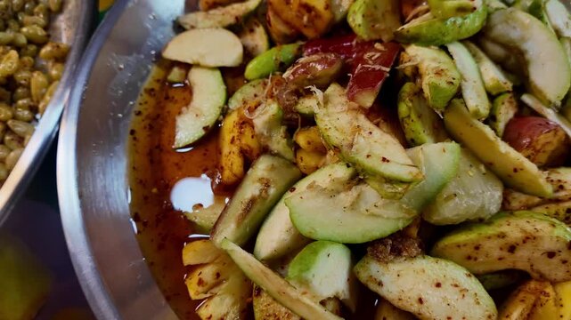 Spicy Green Mango Salad Street Food Thailand Close-Up 4K Som Tam Style