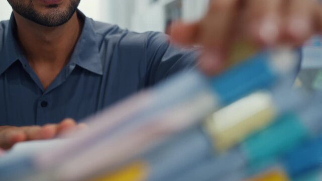 Closeup overworked young Latin businessman reading document in large stack of paperwork file at office desk. Tax audit deadline, accounting stress, corporate burnout, bookkeeping, bureaucracy concept.