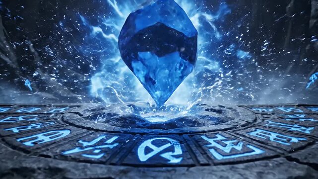 Mystical Crystal Energy Source - This video showcases a large, glowing blue crystal suspended over an engraved stone platform.