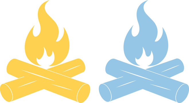 Campfire icon set, two stylized vector bonfires with yellow and blue flames, simple outdoor camping and warmth graphic resource, isolated fire pit illustration.