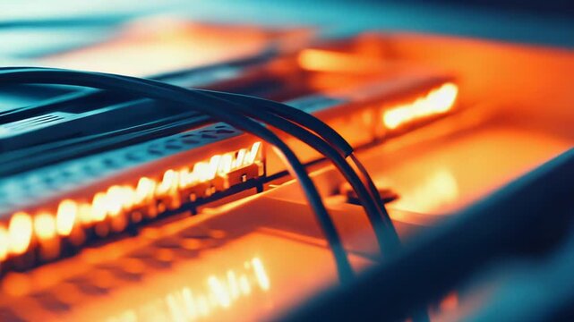 Server rack and network hardware bathed in warm orange glow against cool blue backdrop, evoking modern data center infrastructure, connectivity and high tech performance