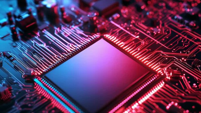 Computer microchip glowing red and blue on a dark motherboard, evoking futuristic ai, flowing data and advanced electronics in a modern computing and network hardware environment
