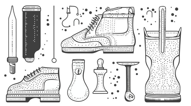 Monochrome collection of miscellaneous objects shoes, bottle, handle and some other elements
