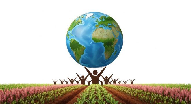People collectively supporting the earth as a symbol of global unity and sustainability