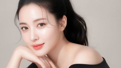 Fototapeta premium やわらかなベージュ背景の前で顎に手を添えて微笑む若い女性の上品で洗練されたナチュラルビューティーポートレート