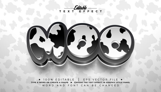 Moo Text Effect Design Editable Vector Graphic Style with Spotted Cowhide Texture Typography on White Background. Customizable Mockup Template Illustration for Animal Banner, Farm Flyer, Greeting Card