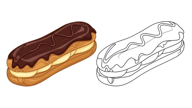 A colorful illustration of a chocolate eclair and its line art version on transparent background